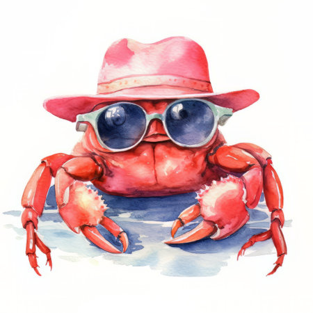 Watercolor illustration of a red crab wearing a hat and sunglasses.の素材