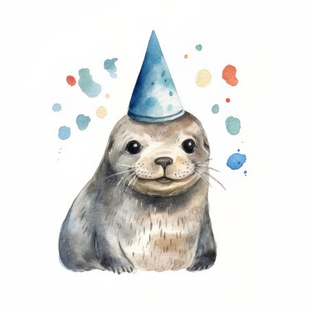 Cute seal with birthday hat. Watercolor illustration on white background.の素材