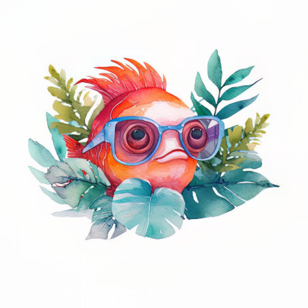 Watercolor illustration of a red fish with glasses and tropical leaves.の素材