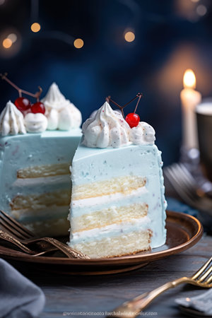 Piece of cake with cream and cherry on a dark background.の素材
