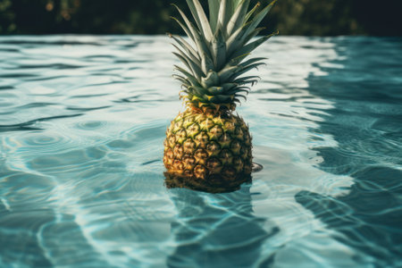 Pineapple floating in swimming pool. Tropical vacation concept. vintage tone.の素材