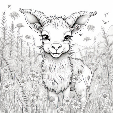 Sheep in the meadow with flowers. Hand drawn illustration.の素材