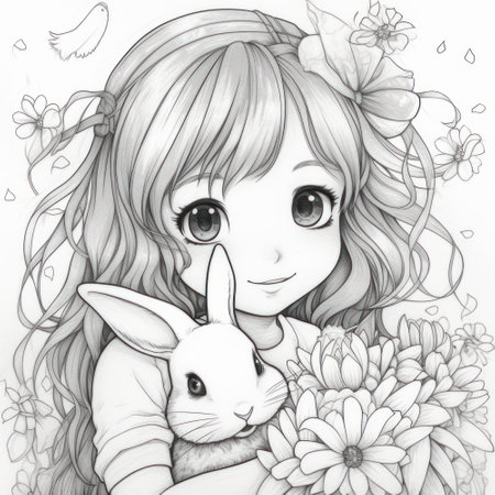 Cute little girl with rabbit and flowers. Hand drawn illustration.の素材