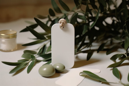 Blank price tag and olive branch on white table, mockupの素材