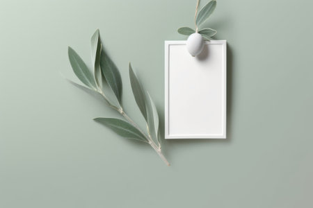 Design concept - top view of blank photo frame and olive branch on green background for mockupの素材