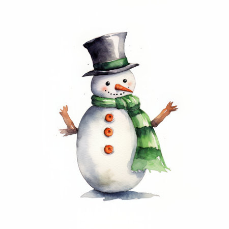 Watercolor snowman isolated on white background. Hand drawn illustration.の素材