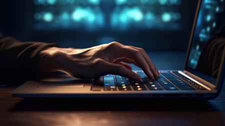 Close up of hacker's hands typing on laptop keyboard at dark nightの素材