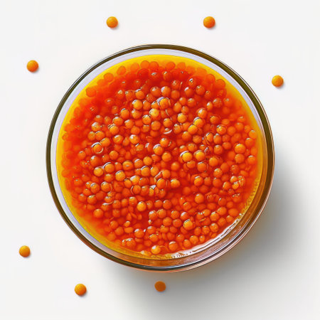 Red caviar in glass bowl on white background. Top view.の素材