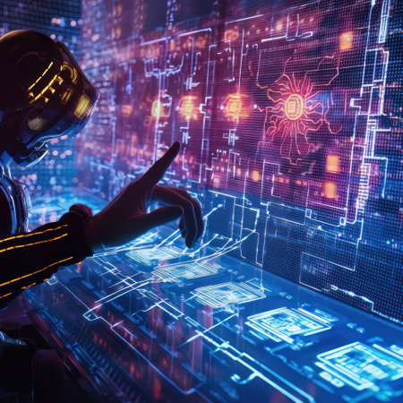 3D rendering of robot hand touching digital hologram on blue backgroundの素材