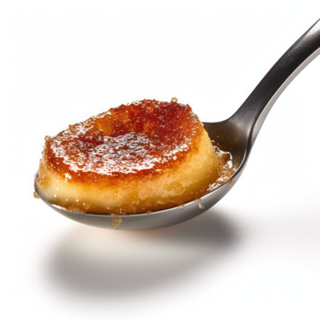 Creme Brulee in spoon isolated on white background with clipping pathの素材