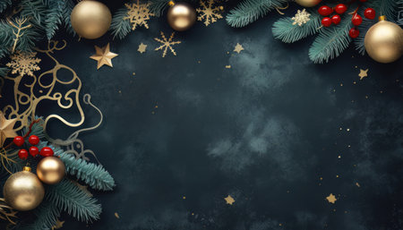 Christmas background with fir branches, gold and red baubles and snowflakes. Top view.の素材