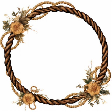 Watercolor floral wreath with old rope. Hand drawn illustration.の素材