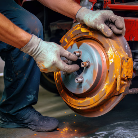 Worker polishing wheel of car in auto repair shop. selective focus.の素材
