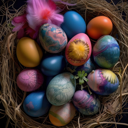 Colorful easter eggs in a nest on a dark background.の素材