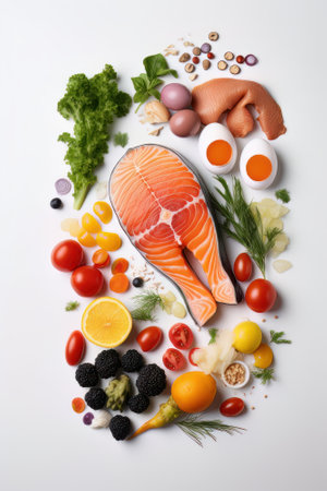 Healthy food with salmon, eggs, vegetables and fruits on white backgroundの素材