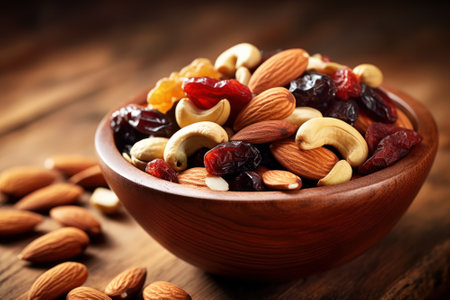 Mix of nuts and dried fruits in wooden bowl on wooden background.の素材