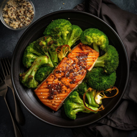 Salmon steak with broccoli on black plate over black stone background. Top viewの素材