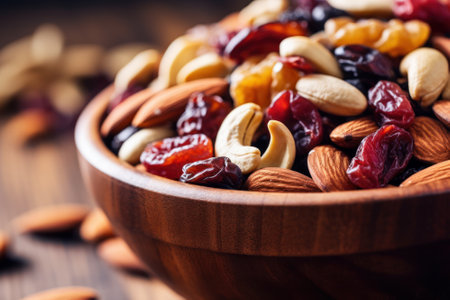 Mix of nuts and dried fruits in a wooden bowl. selective focus.の素材