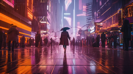 Woman with umbrella walking in Times Square, New York City, USAの素材
