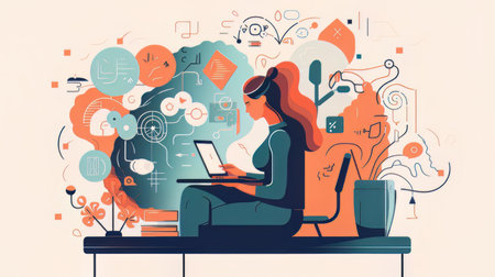 Vector illustration of a young woman working at home on a laptop. Work from home concept.の素材