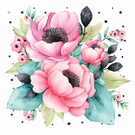 Watercolor floral bouquet with pink anemone flowers and green leaves. hand drawn illustrationの素材