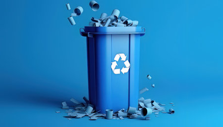 Blue Recycling Bin with Pieces of Paper, 3D Renderの素材