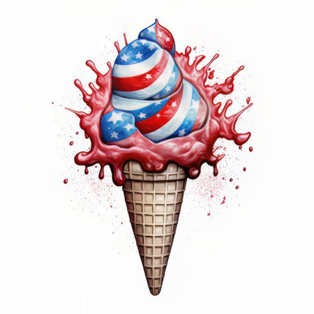 Ice cream in a waffle cone with the image of the flag of the United States of America in the form of ice cream splashes and drops.の素材
