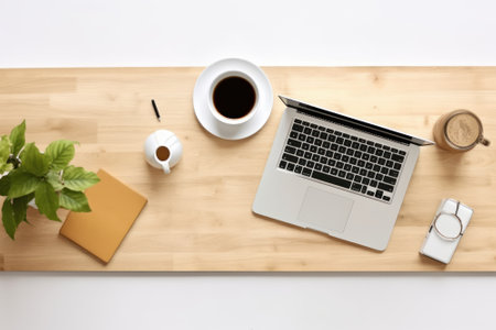 Top view of modern workplace with laptop, coffee cup and notebook on wooden tableの素材