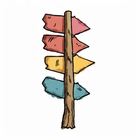 Illustration of a wooden signpost with colorful arrows on a white backgroundの素材