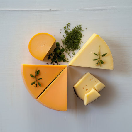 Cheese collection, variety of cheeses on white wooden background, top viewの素材