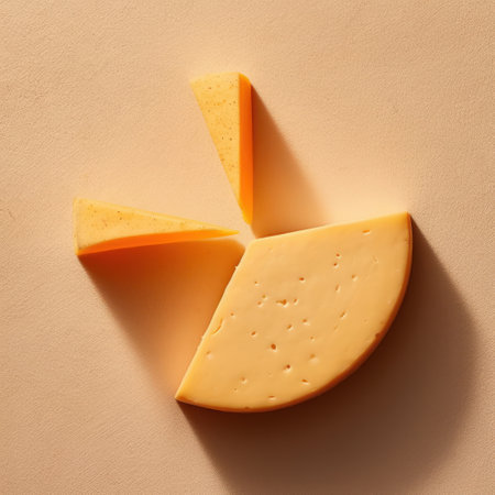 Pieces of cheese with holes on color background, top view. Dairy productの素材