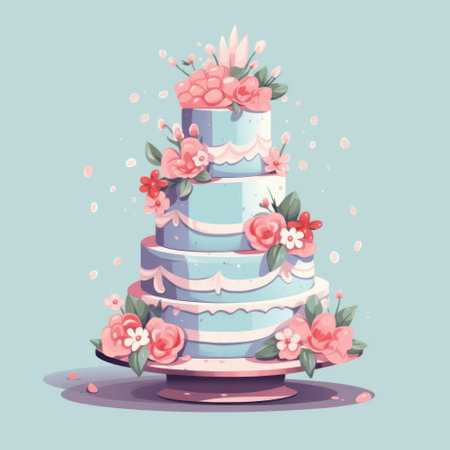 Wedding cake with flowers. Vector illustration in cartoon style.の素材