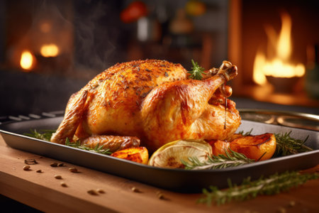 Roasted whole chicken with apples and rosemary on baking tray.の素材