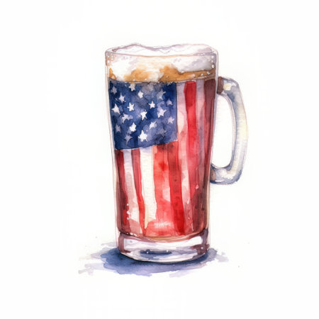 Watercolor illustration of a glass of beer with the American flag.の素材
