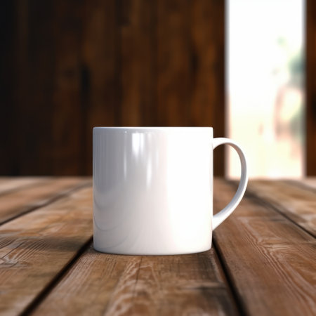 White mug on the wooden table in the room. 3d renderingの素材