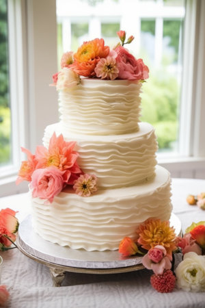 Wedding cake decorated with flowers and buttercream on the tableの素材