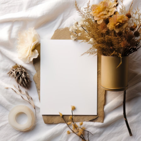 Blank paper sheet mockup with dry flowers on white bedding.の素材