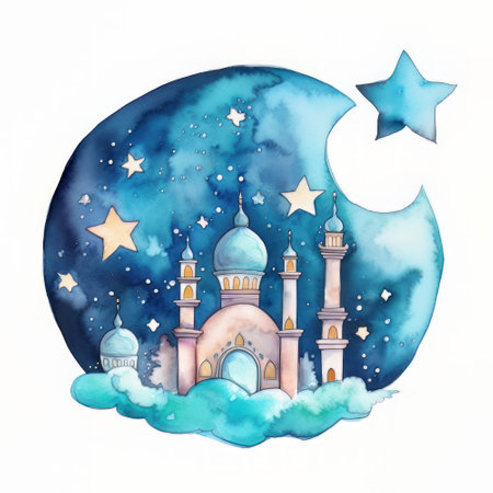 Hand drawn watercolor illustration with mosque, moon and stars on white backgroundの素材