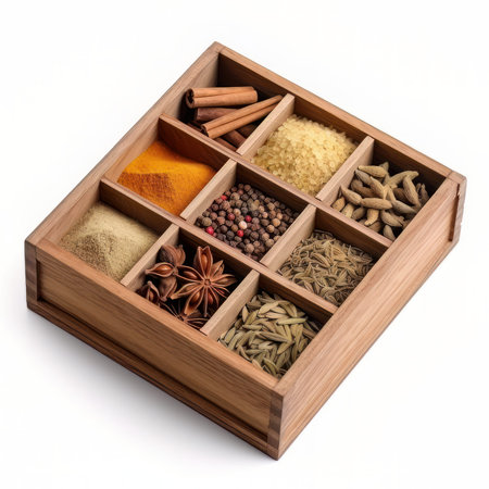 Wooden box with spices and herbs isolated on white background, top viewの素材