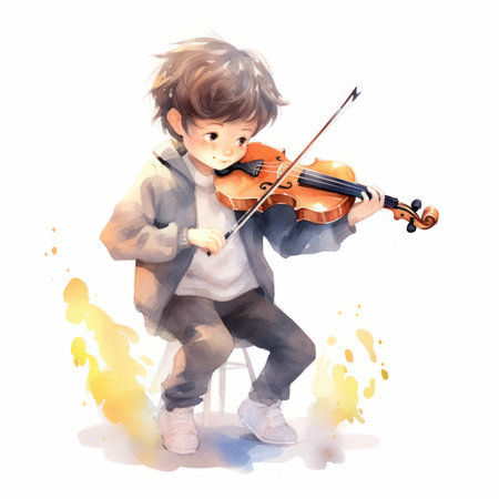 Boy playing violin. Watercolor painting on white background. illustrationの素材