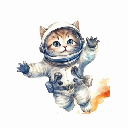 Cute cat astronaut in spacesuit. Hand drawn watercolor illustrationの素材