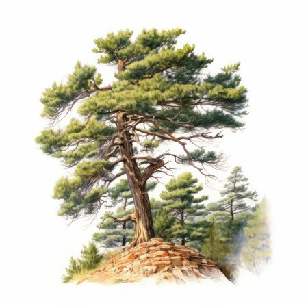 Pine tree isolated on white background. Watercolor painting. Hand drawn illustration.の素材
