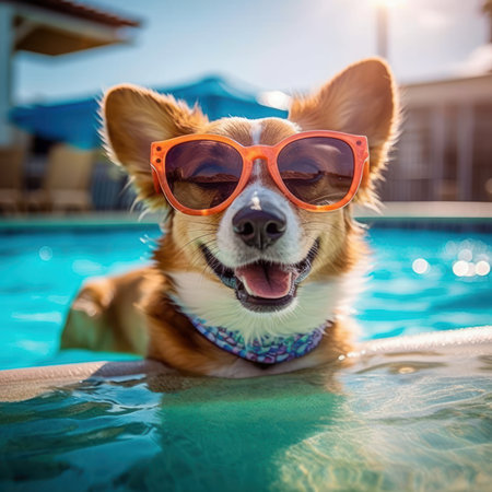 Cute welsh corgi dog in sunglasses swimming in the swimming poolの素材