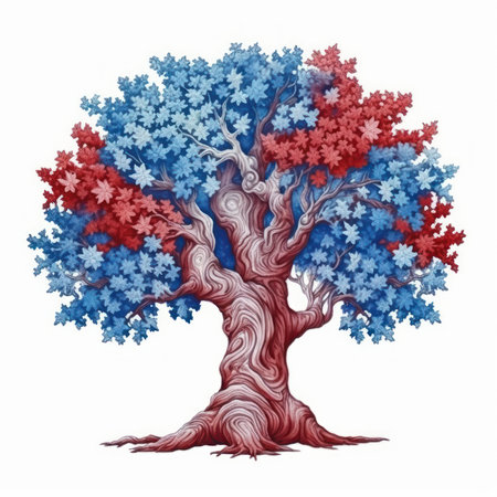 Illustration of a tree with a red, blue and white flagの素材