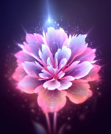 Neon flower on a dark background. 3d rendering, 3d illustration.の素材