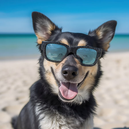 Funny dog in sunglasses on the beach. Summer vacation concept.の素材