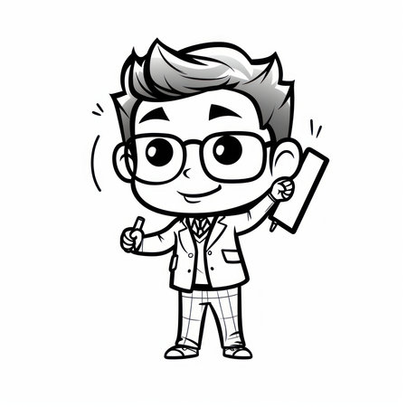 Vector illustration of a cartoon man in glasses holding a mobile phone.の素材