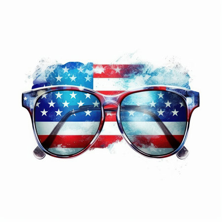 Sunglasses with American flag in grunge style on white backgroundの素材