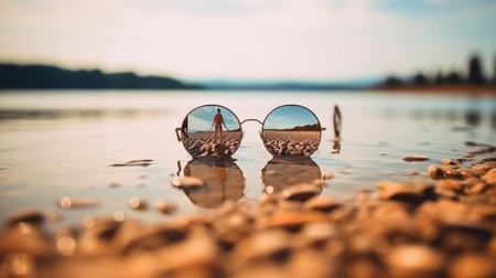Sunglasses on the beach with reflection of a sailboat in the waterの素材