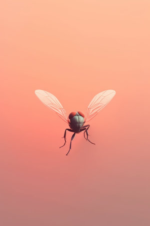 fly on the background of orange sky. fly in the nature.の素材